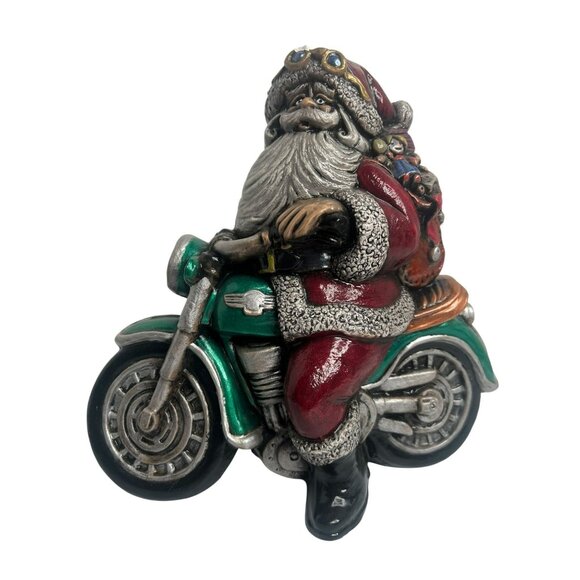 Santa Claus Riding Motorcycle Christmas Figurine 9 in Hand-Painted Resin Decor - Picture 2 of 8